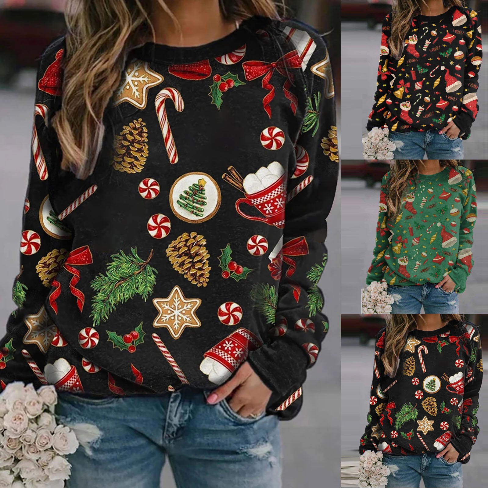 Alpscommerce Printed Round Neck Long Sleeve Fleece Sweater