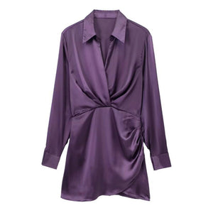 Women's Lapel Silk Satin Long Sleeve Short Dress