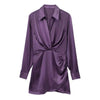 Women's Lapel Silk Satin Long Sleeve Short Dress