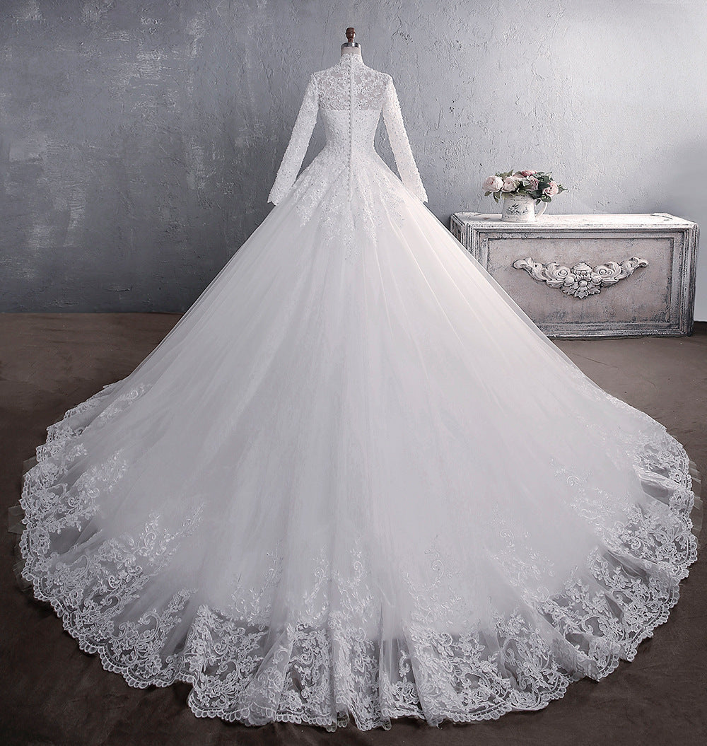 Lace Wedding Dress Bridal Stand-up Collar Long-sleeved Large Tail Large Size