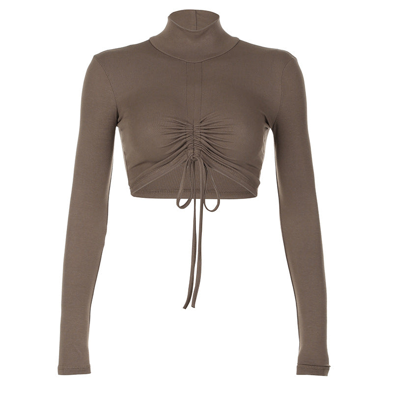 Minimalist Basic Pure Color All-matching Turtleneck Pleating T-shirt Sports Style Exposed Navel Strap Slim Long Sleeve Top