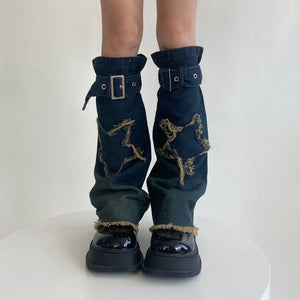 Hot Girl Design Denim Washed Horn Leg Warmer Foot Sock Slimming