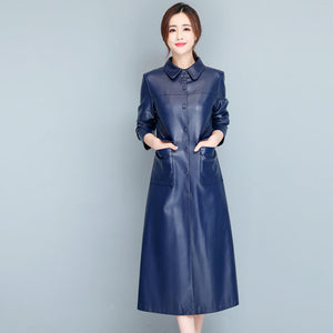 Ladies Fashion Thin Leather Trench Coat Coat