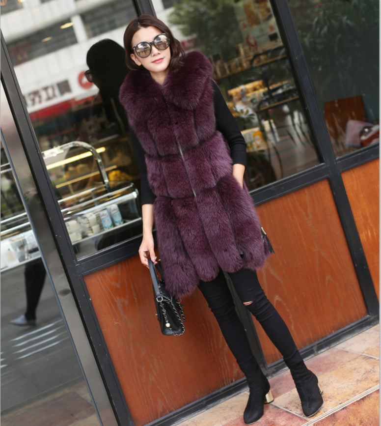 Faux Fox Fur Stitching Mid Length Coat