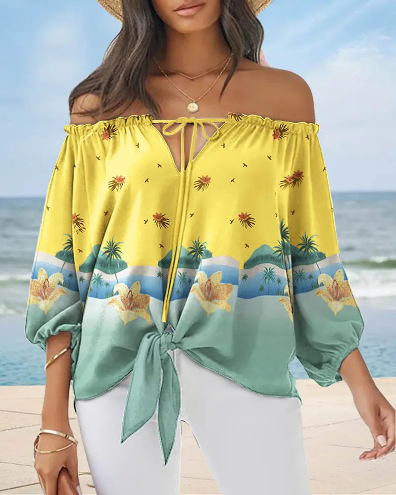 Printed Chiffon Shirt Women Fashion Tied Detail Long Sleeve Pullover Tops Street Vintage Lady Blouse