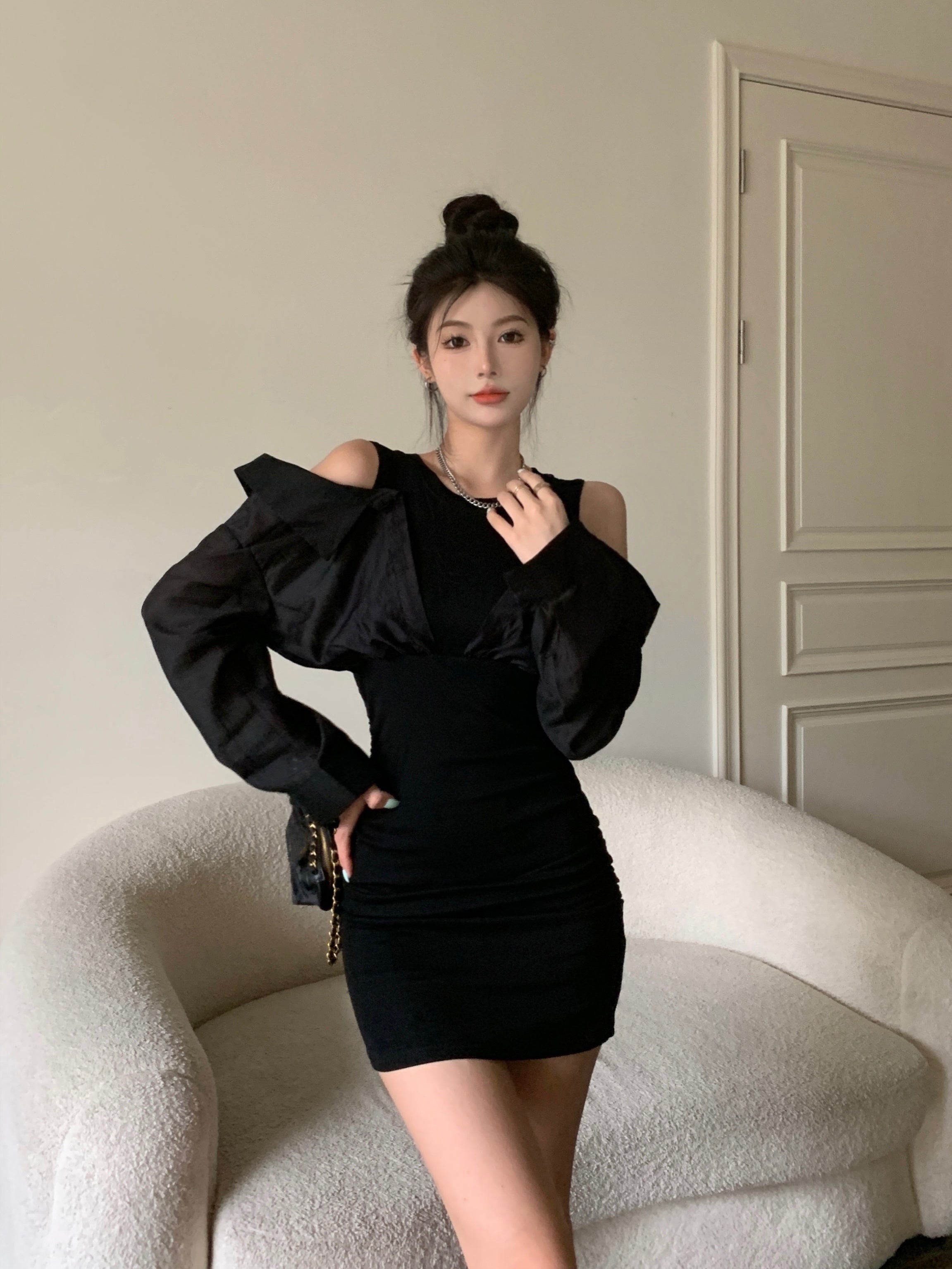 Fake Two Piece Stitching Shirt Dress Women Off Shoulder Waist Slim dress