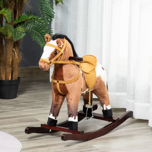 Qaba Kids Metal Plush Ride-On Rocking Horse Chair Toy With Realistic Sounds - Dark Brown White