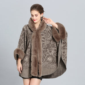 Hooded Shawl Cloak Fox Fur Collar All-match Woolen Coat