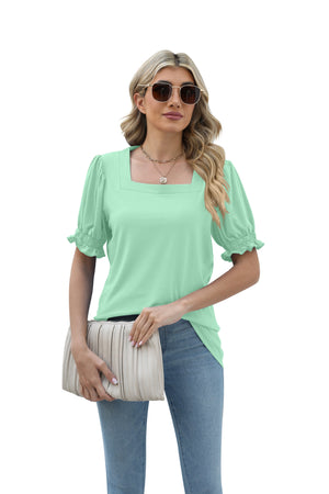 New Solid Color Square Collar Short Sleeve Smocking Loose T-shirt