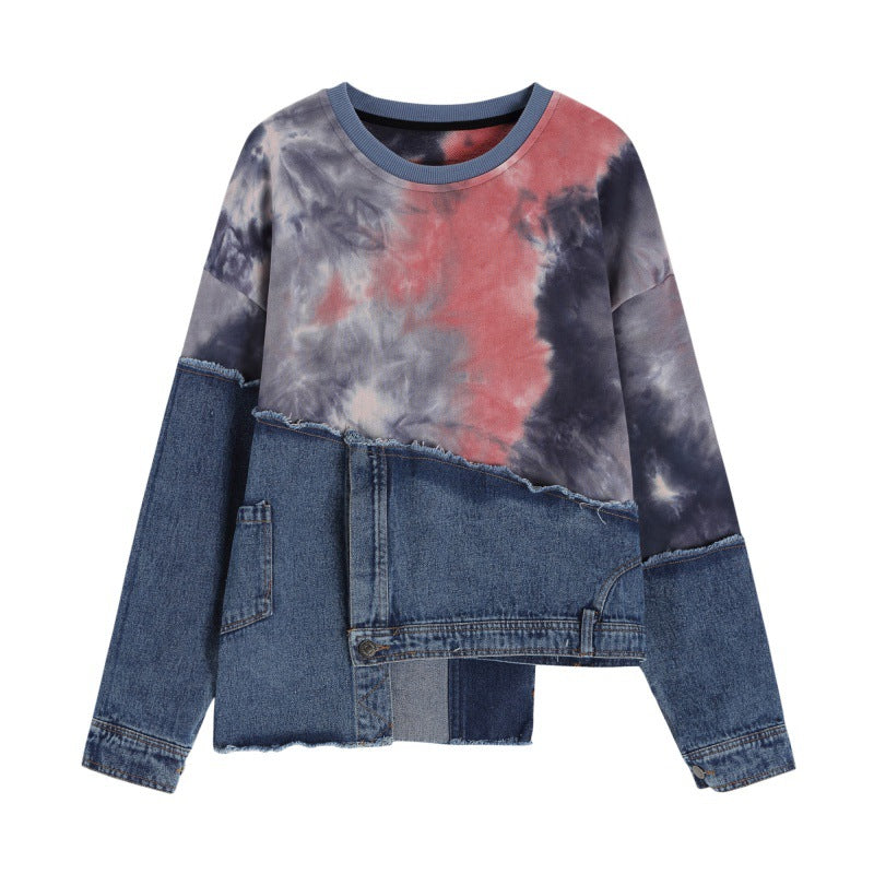 Personalized Color Tie-dye Loose Denim Stitching Long-sleeved Sweater Ins