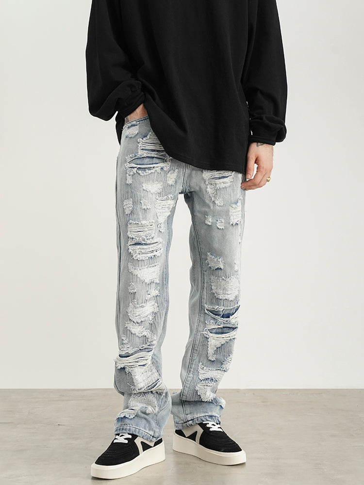 Men Destruction Patch Erosion Washed Jeans