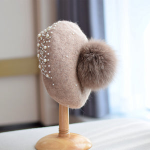 Fox Fur Ball Beret Female Woolen Pearl