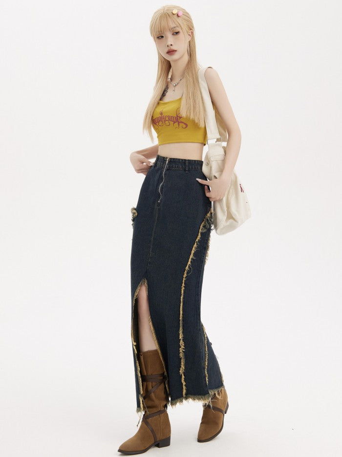 Irregular Raw Hem Distressed XINGX Denim Fishtail Skirt