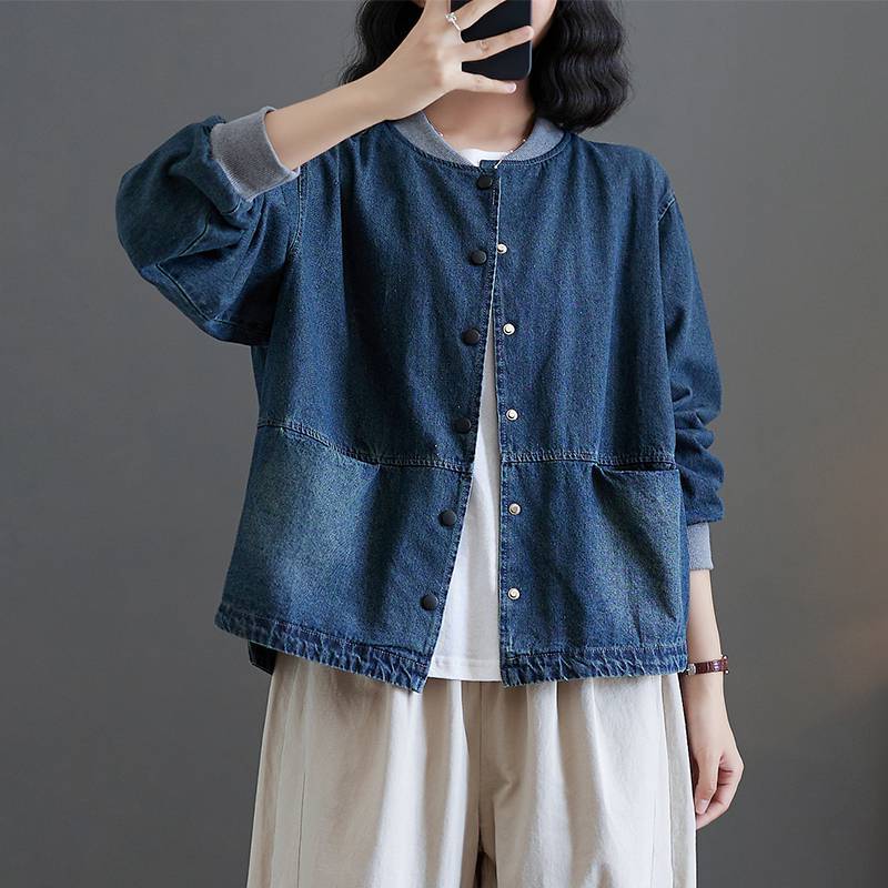 Denim Coat Women's Daily Top Vintage Thread Stand Collar Baseball Uniform Jacket