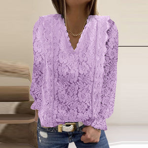 Solid Color Pullover Lace Mesh Crochet Casual Long Sleeve T-shirt