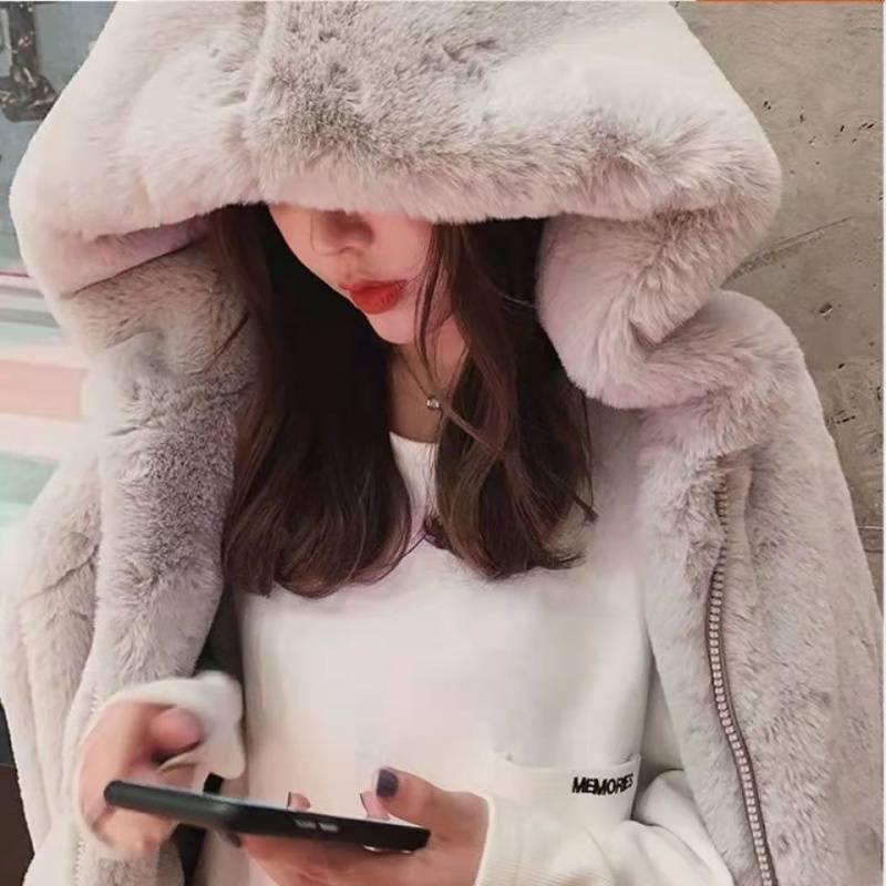 Lamb Plush Hooded Loose Coat Jacket Women