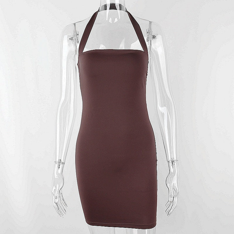 Halter Neck Slim Solid Color Sleeveless Bottoming Dress Bag Hip Skirt Women