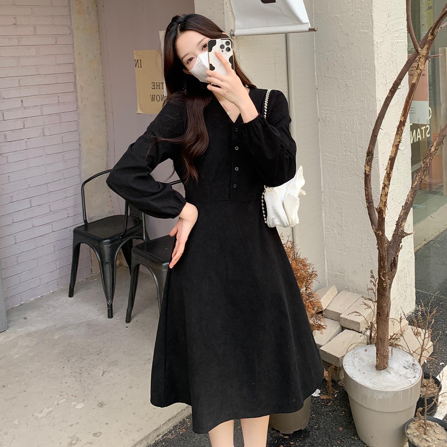 V-neck With Big Long Female Autumn French Gentle Dress