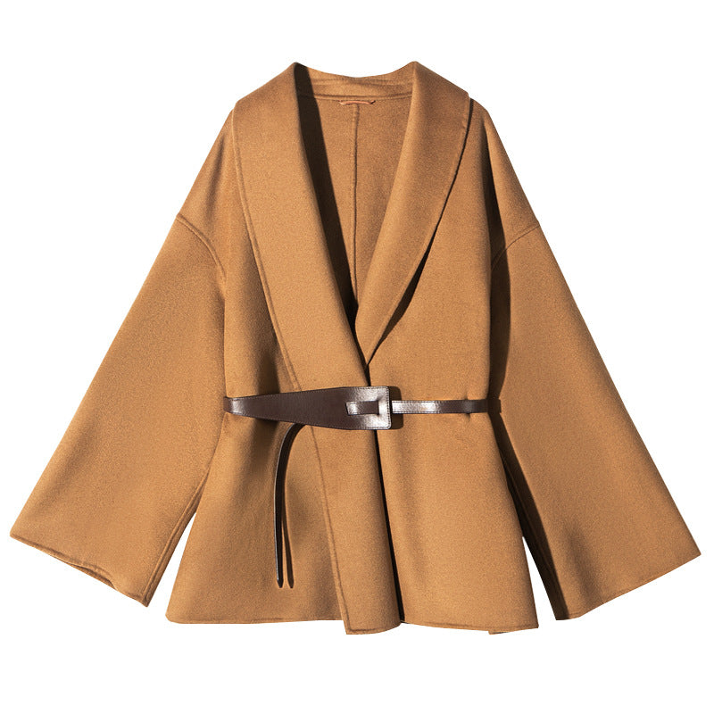 Double sided cashmere coat with wool belt