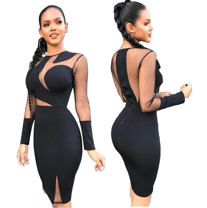 solid color stitching slim sexy black silk nightclub dress dress