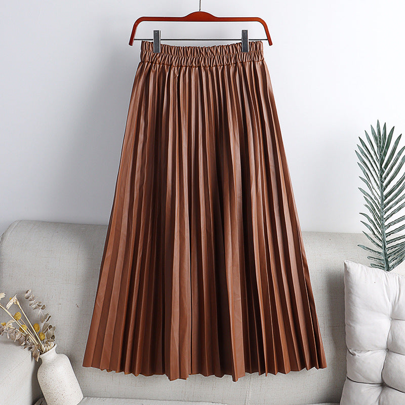 Solid Color Mid-length High Waist PU Leather Pleated Skirt For Women