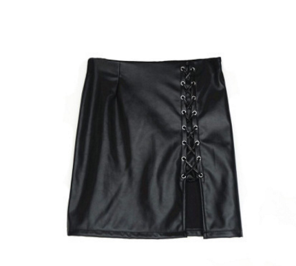 Black Lace Up PU Leather Skirts