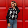 V-neck check color contrast wool knit top women