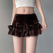 Retro Brown Bow Bandage High Waist Velvet Skirt