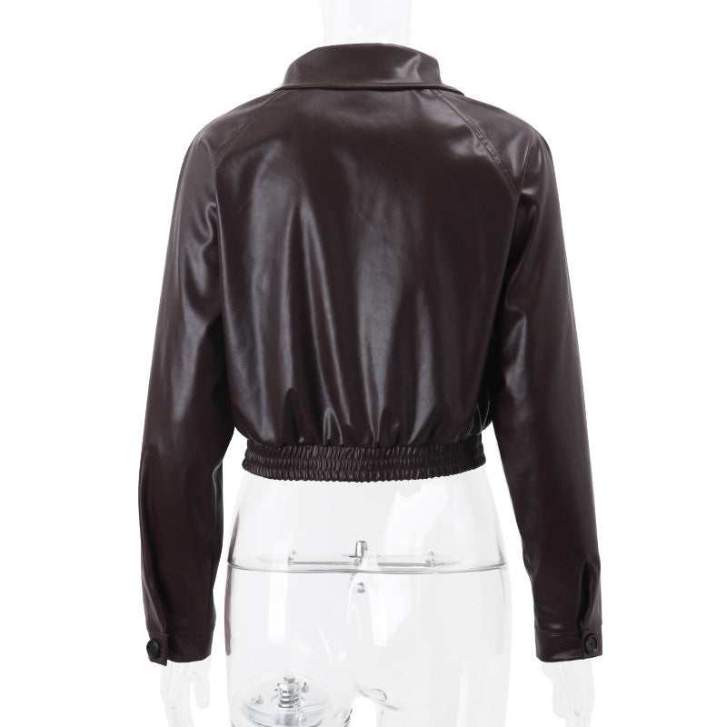 Elegant Retro Zipper PU Leather American Casual Jacket Coat