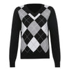 V-neck check color contrast wool knit top women