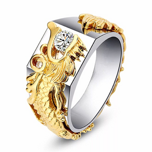 New Men's Domineering Dragon Pattern Two-color Zircon Rhinestone Ring Fashion Punk Hip Hop