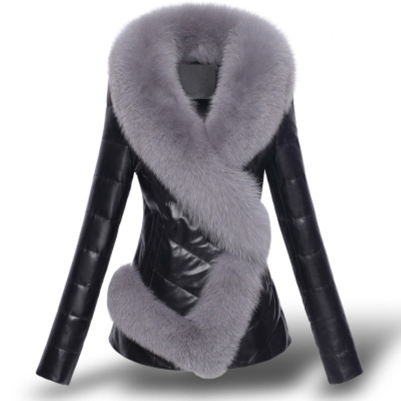 Women's Imitation Fox Fur Collar Short Slim Fitting Fur Patchwork Coat