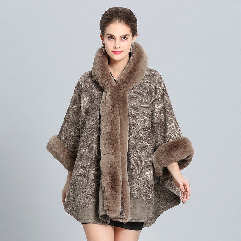 Hooded Shawl Cloak Fox Fur Collar All-match Woolen Coat