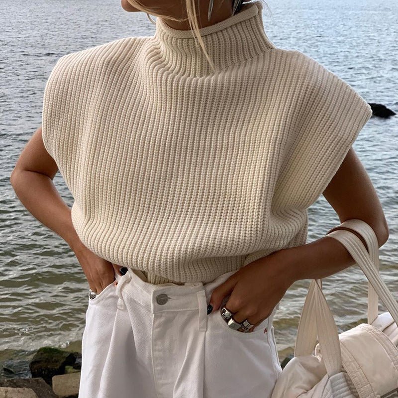 Pure Color Wool Knit Sweater Sexy Temperament High Neck Short Sleeve Sweater Top Women