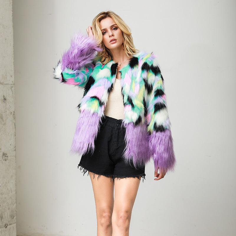 Faux Fur Two-tone Fur Stitching Plush Fur Coat