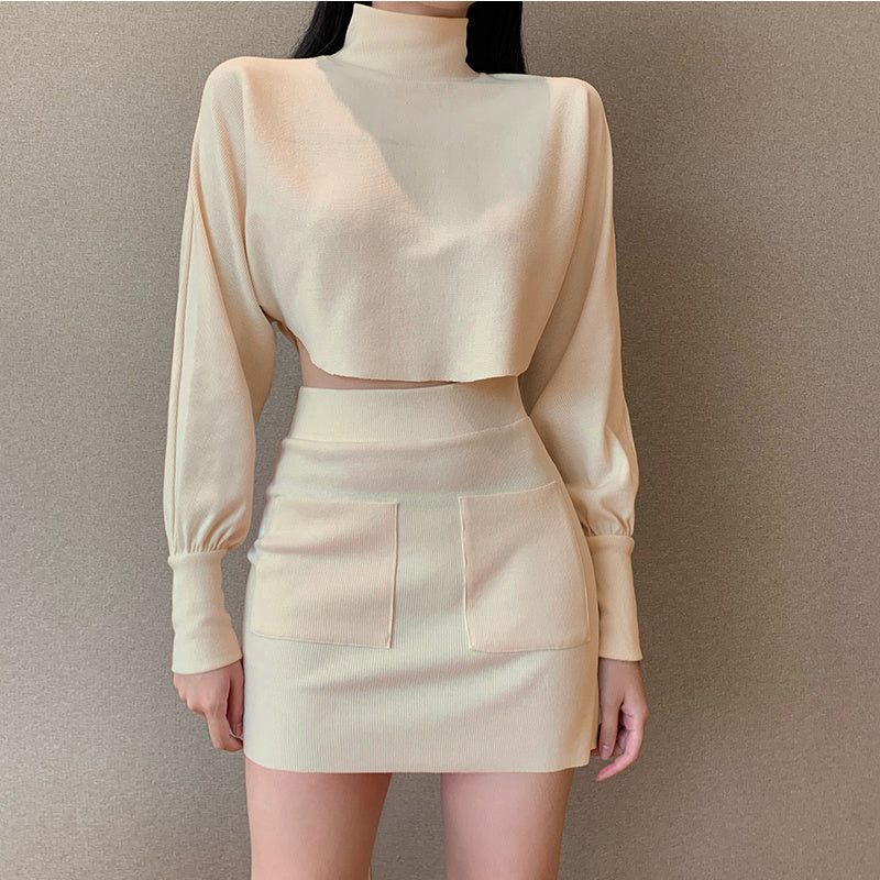 High Neck Long Sleeve Short Skirt Suit Two Piece Set Women