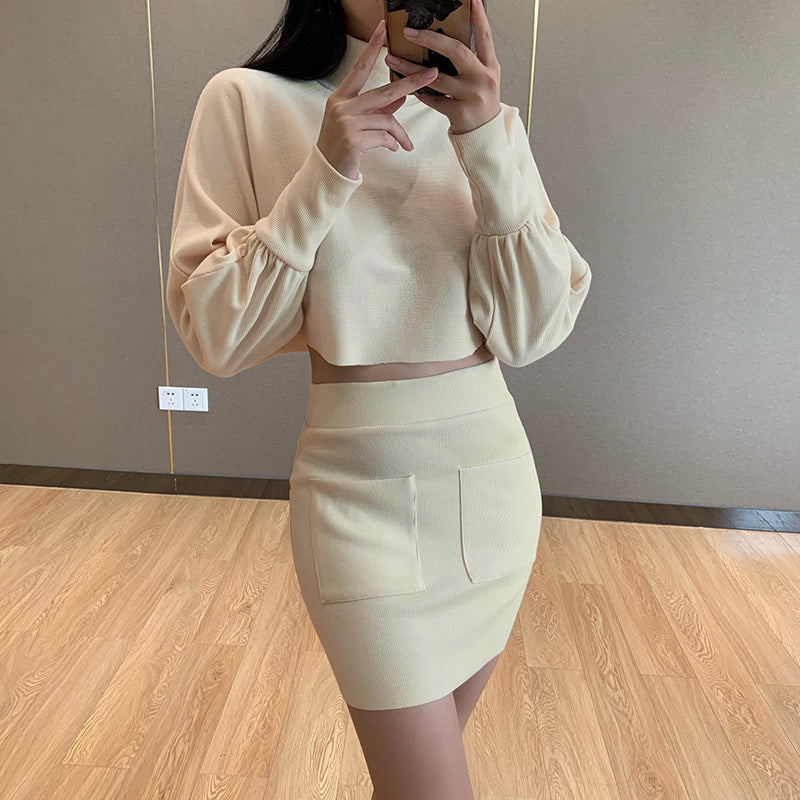 High Neck Long Sleeve Short Skirt Suit Two Piece Set Women