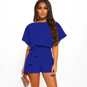 Fashion Solid Color Short-sleeved Jumpsuit with Belt