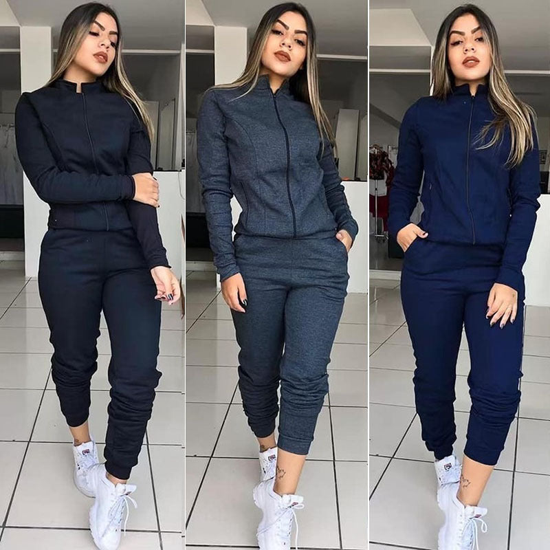 Womens Solid Color Long Sleeve Pants Suit Motion Twinset Two Pieces