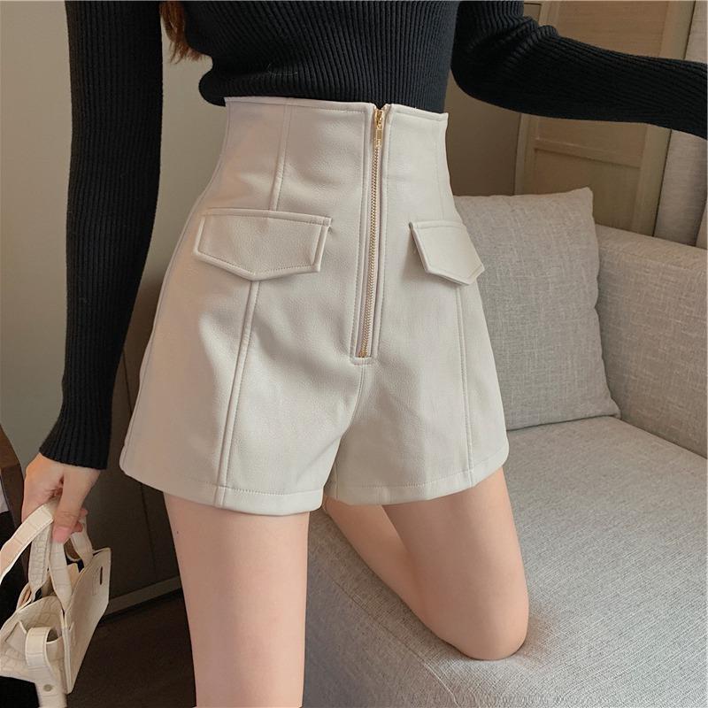 Leather Pants Design High Waist Slim Wide-Leg Shorts