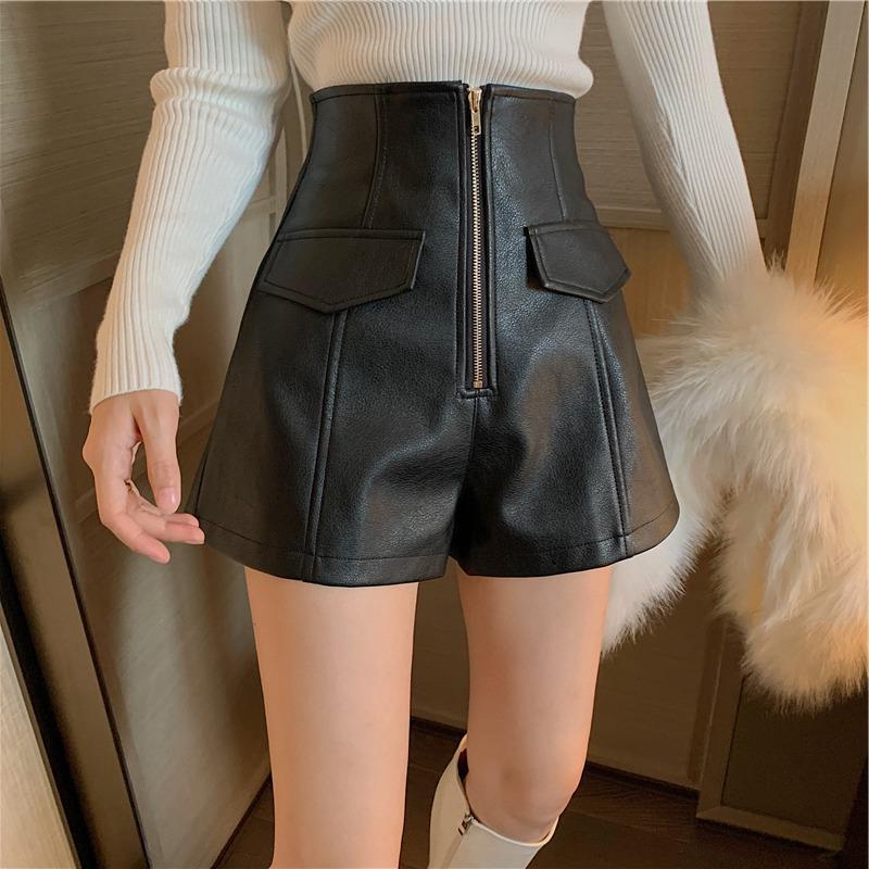 Leather Pants Design High Waist Slim Wide-Leg Shorts