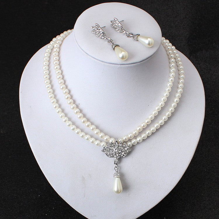 Jewelry Bride Pearl Crystal With Short Collarbone Neck Necklace Set Earrings Korean Version Temperament