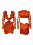 Long Sleeve Mini Skirt Orange Deep V-neck Hot Piece Party Dress