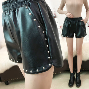 Leather Shorts Women New Fashion Loose Korean Version Of The High Waist A-Line All-Match Slimming Autumn Leather Pants Women's Winter Wear