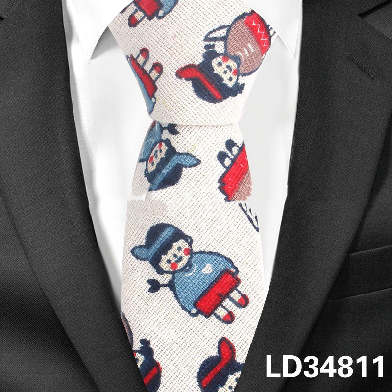 Cartoon Men And Women Tie Cotton, Linen Animal And Plant Print Tie Narrow Version 6cm