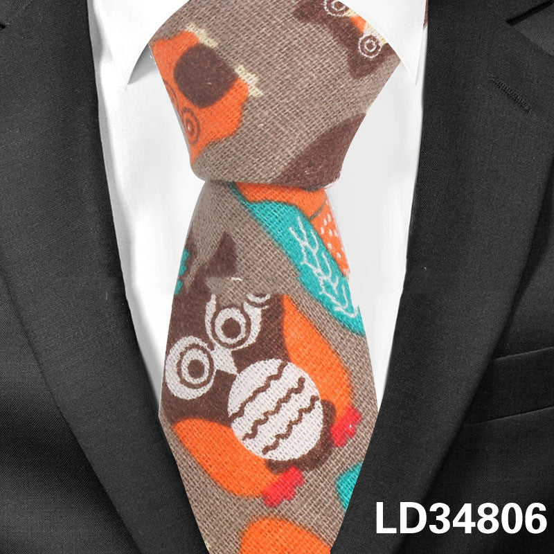 Cartoon Men And Women Tie Cotton, Linen Animal And Plant Print Tie Narrow Version 6cm