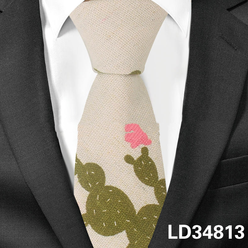 Cartoon Men And Women Tie Cotton, Linen Animal And Plant Print Tie Narrow Version 6cm