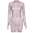 Simenual Digital Print Mesh Hot Bodycon Dress Women Long Sleeve Finger Buckle Partywear Transparent Club Sexy Hot Mini Dresses