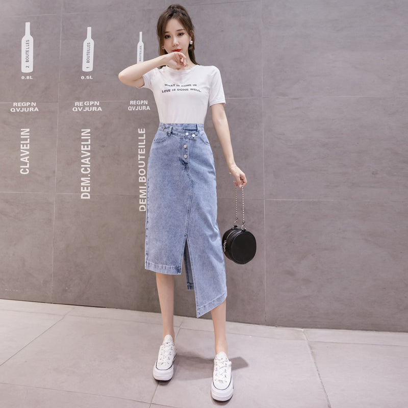 Long Denim Skirts Womens Double Split Skirt High Waisted Korean Style Elegant Long Maxi Skirt Jean