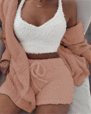 Women Home Wear Suit Casual Pajamas Set Lady Female Soft Warm Long Sleeve Exposed Navel Vest Shorts Set